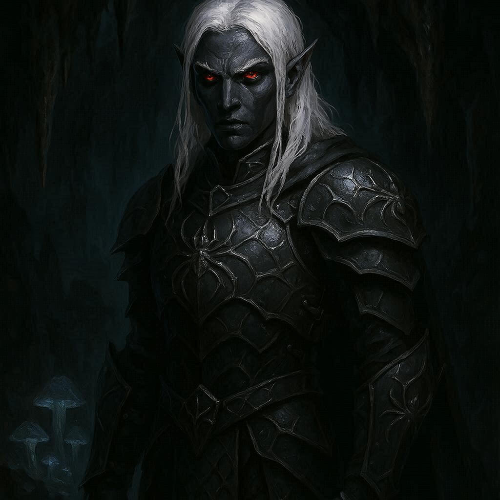 Drow dark elf in the Underdark, with white hair, obsidian skin, and glowing red eyes, standing among glowing mushrooms and stalactites.
