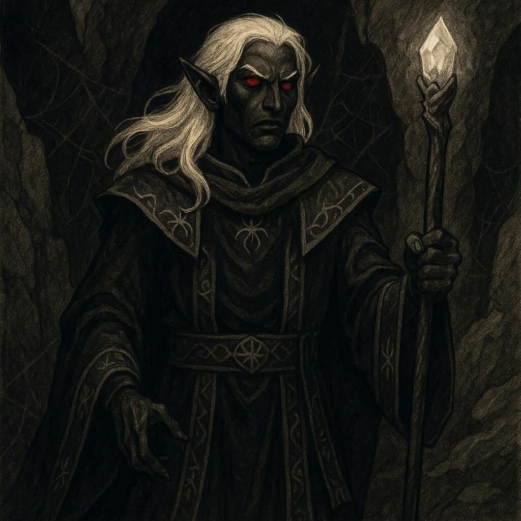 A drow mage in dark robes with white hair and glowing red eyes, standing in the Underdark with a staff and spider-motif trim, ready to cast a spell.