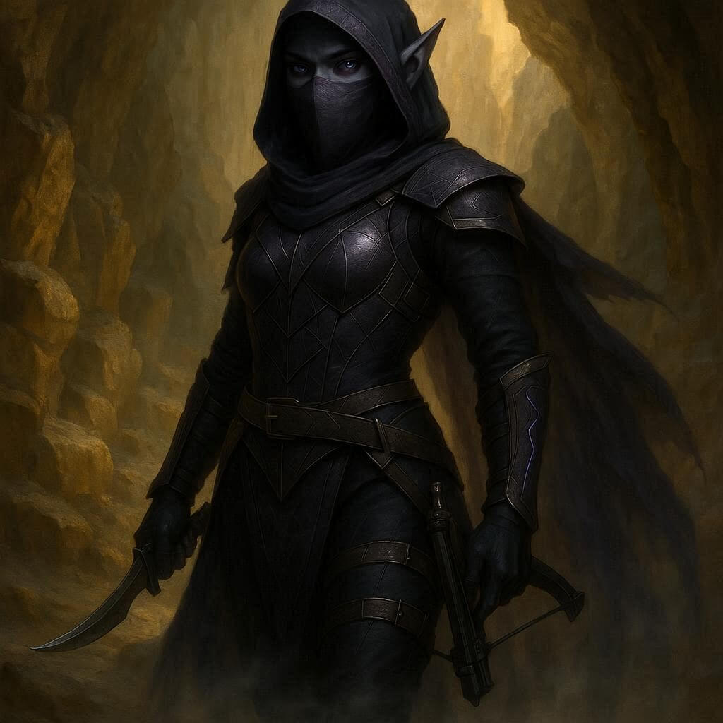 Drow elite warrior in stealth armor with spider-silk veil and shadowy cloak, wielding curved sword and hand crossbow in an Underdark cavern, D&D ninja-style dark elf ambusher