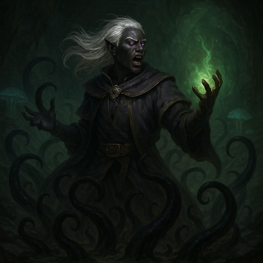 Drow mage casting Evard’s Black Tentacles spell in a shadowy Underdark cavern, black magical tendrils rising from the stone as arcane energy glows — fantasy D&D artwork.