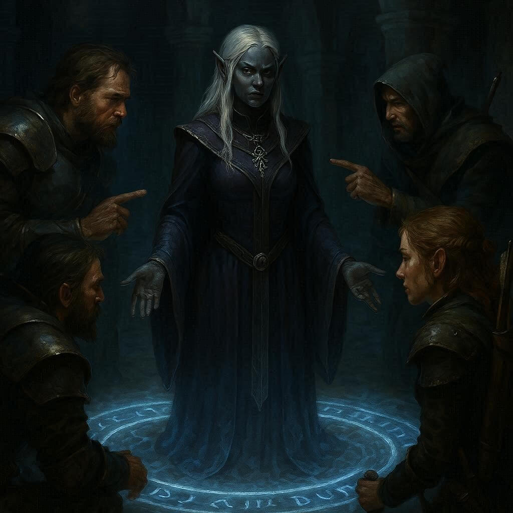Adventurers question a drow priestess standing inside a glowing blue-white Zone of Truth circle in a stone temple.