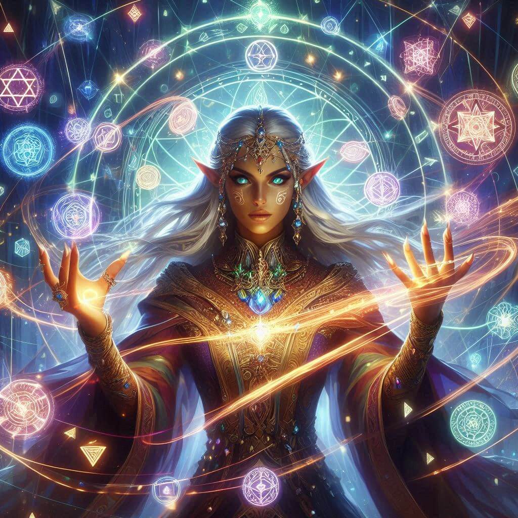 A drow priestess channeling powerful divine magic, surrounded by glowing spell sigils and swirling energy in a bright Underdark setting.