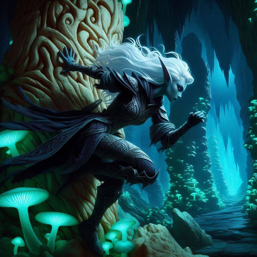 Drow priestess of Lolth fleeing through a glowing Underdark cavern, ducking behind a stone pillar that resembles a sculpted column.