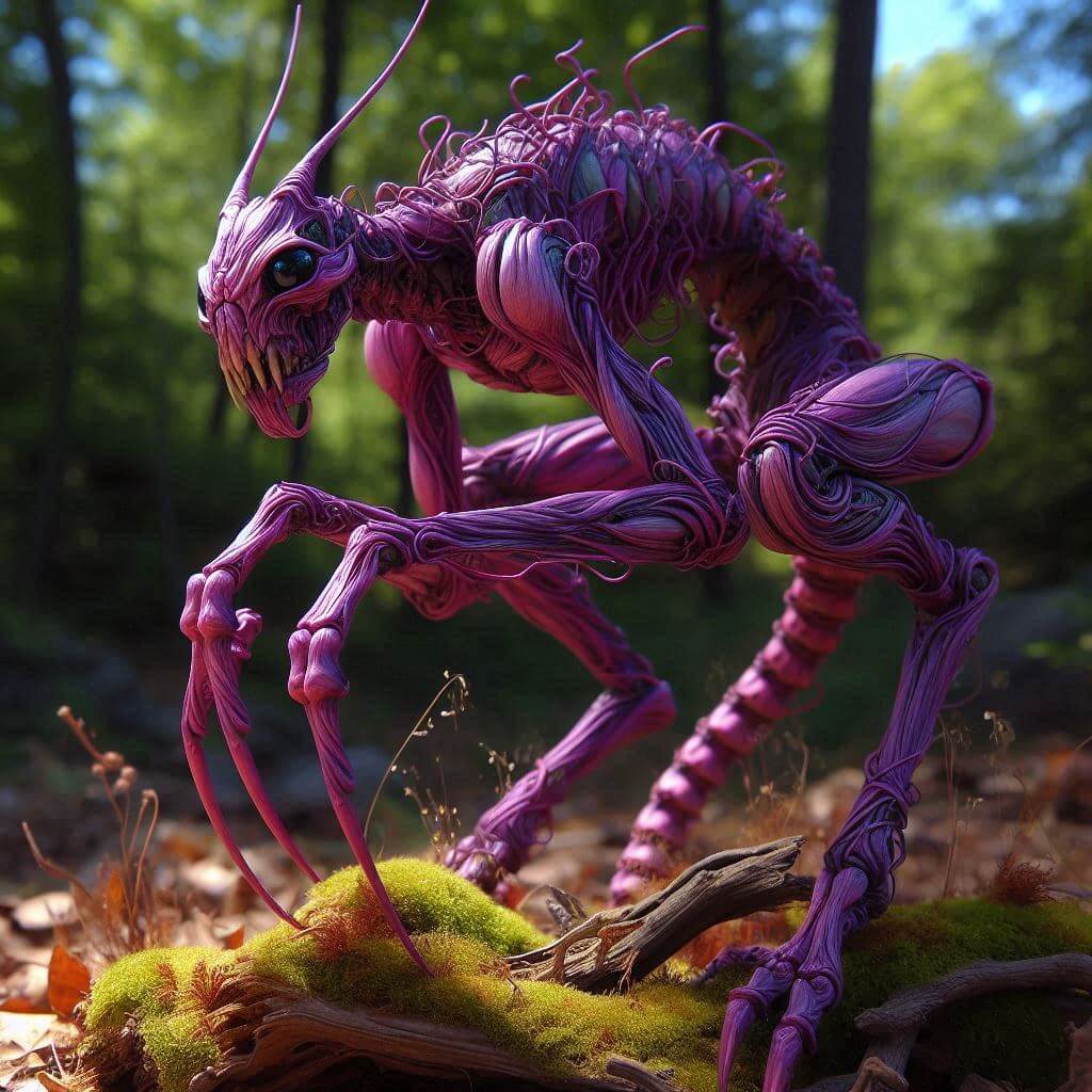 Ettercap monster standing in a forest clearing, humanoid insect creature with clawed hands and webbing, D&D monster illustration