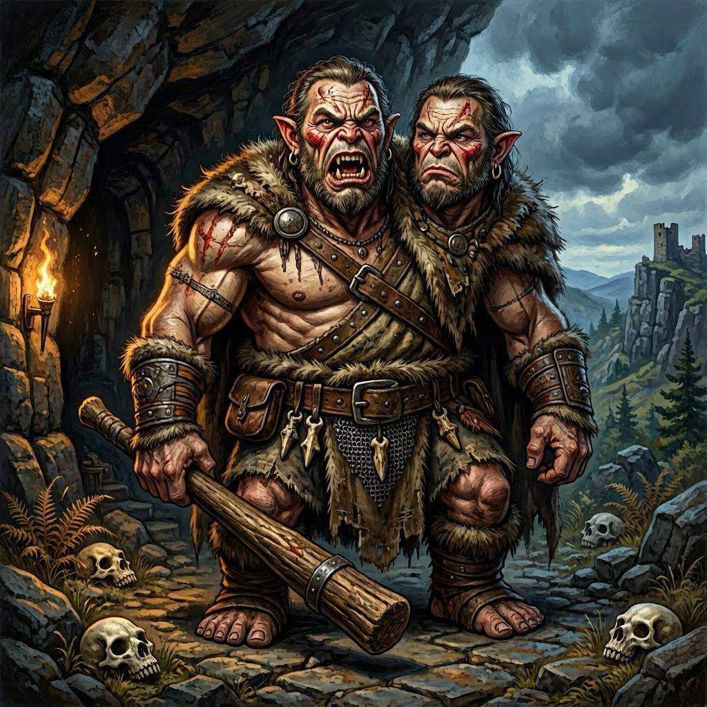 An ettin, a giant humanoid with two heads sharing one body, stands outside a cave entrance holding a massive wooden club while its heads glare in different directions. Skulls and rocky cliffs surround the creature beneath a cloudy sky.