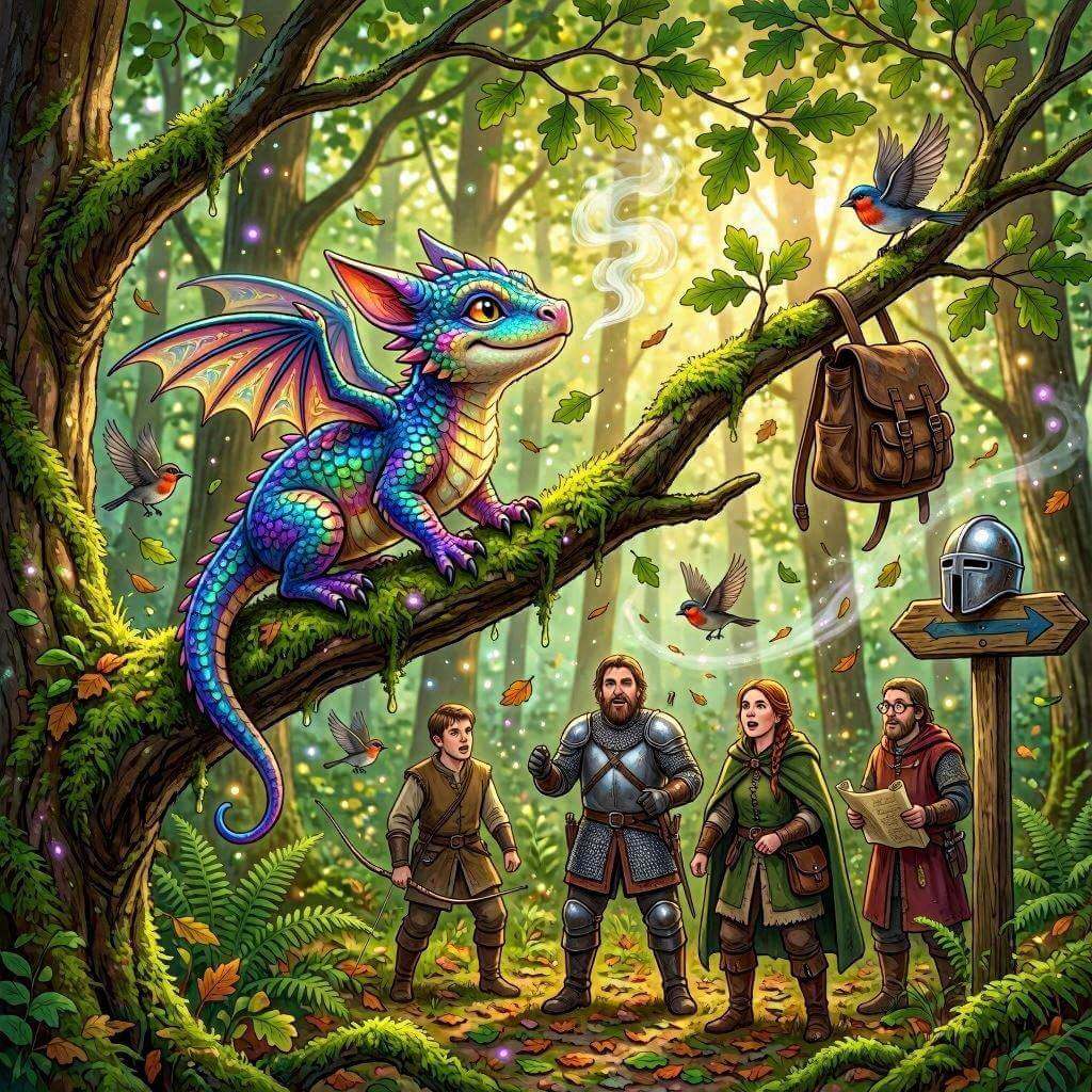 A colorful young faerie dragon plays harmless practical jokes on surprised adventurers in an enchanted forest.