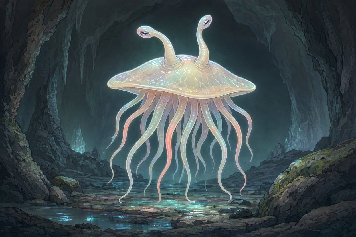 A glowing flumph floating in an underground cavern.